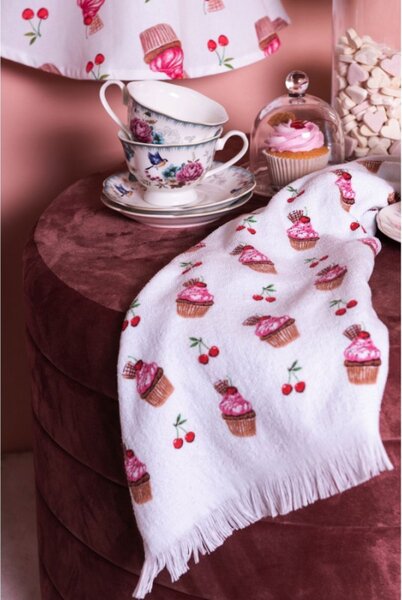Bílý kuchyňský froté ručník s dortíčky Cherry Cupcake – 40x66 cm