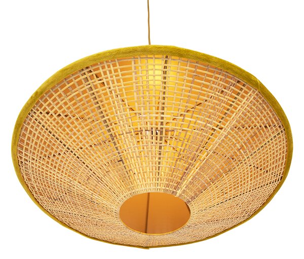 Rustikální závěsné svítidlo žlutý samet s ratanem 60 cm - Frills Can