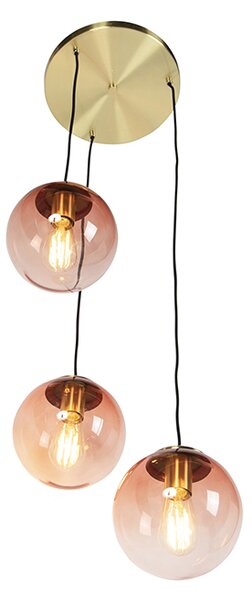 Závěsné svítidlo v art deco stylu mosazné 45 cm 3-světlo růžová - Pallon