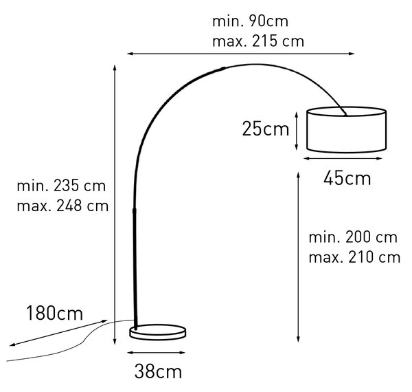 Oblouková lampa mosazná s šedým mramorovým látkovým stínítkem 45 cm - XXL