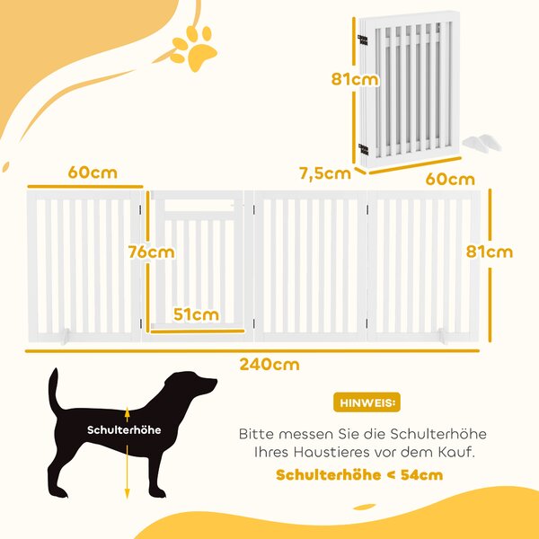 PAWHUT Zábrana pro psy čtyřdílná dřevěná skládací 60-240 x 81 cm bílá