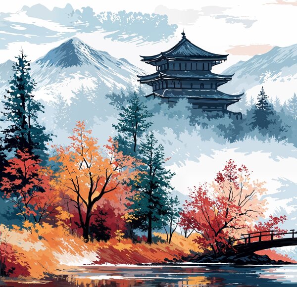 Obraz na plátně - Japonský chrám Kikuji skrytý v horách FeelHappy.cz Velikost obrazu (šířka x výška): 60 x 20 cm