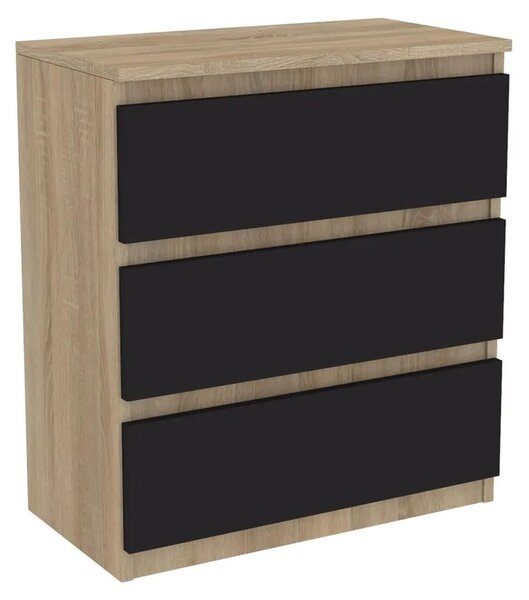 Komoda z dubu Sonoma s zásuvkami, íka 70 cm, 3 zásuvky, elní plochy v erné barv. VÝROBCE