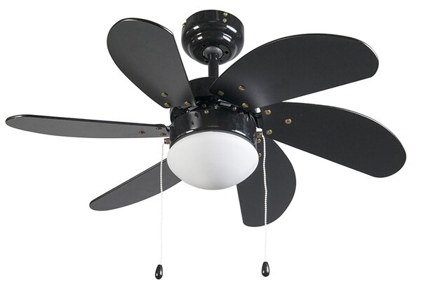 Stropní ventilátor černý s potiskem dřeva 80 cm s tahovým spínačem - Fresh