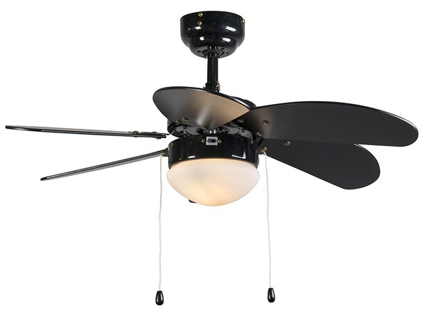 Stropní ventilátor černý s potiskem dřeva 80 cm s tahovým spínačem - Fresh