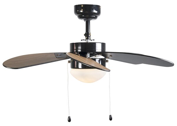 Stropní ventilátor černý s potiskem dřeva 80 cm s tahovým spínačem - Fresh