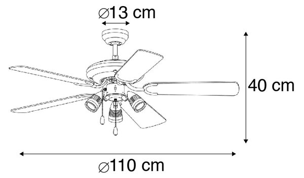 Stropní ventilátor ocelový 110 cm 3 světla s tahovým spínačem - Mistral