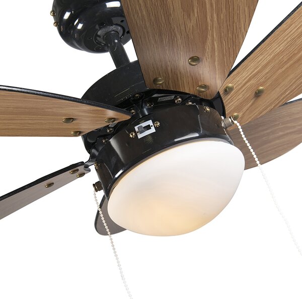 Stropní ventilátor černý s potiskem dřeva 80 cm s tahovým spínačem - Fresh