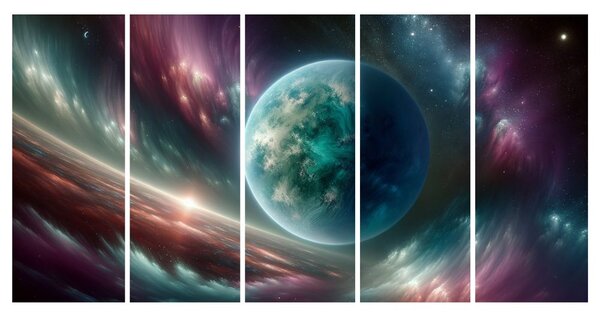 5-dílný obraz galaxie a planeta