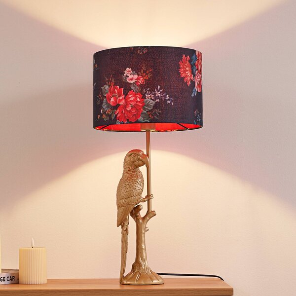 Lindby stolní lampa Marula, zlatá, květinový potisk, textil, E27, Mosaz / zlato, Obývací pokoj / jídelna, Textil / tkanina / hedvábí, Moderní