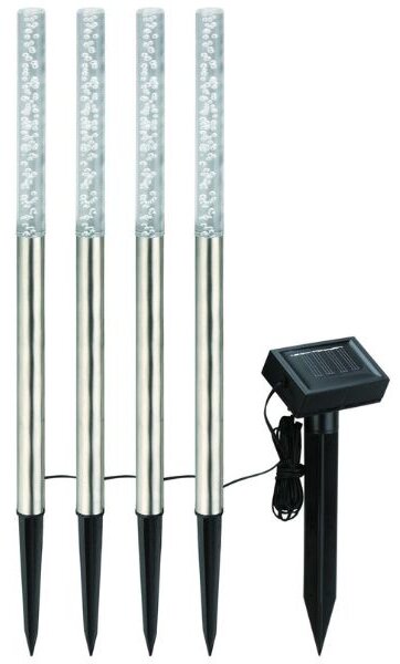 4 ks Solární zahradní sloupek LED se společným solárním panelem, 47cm, nerez, bílé světlo