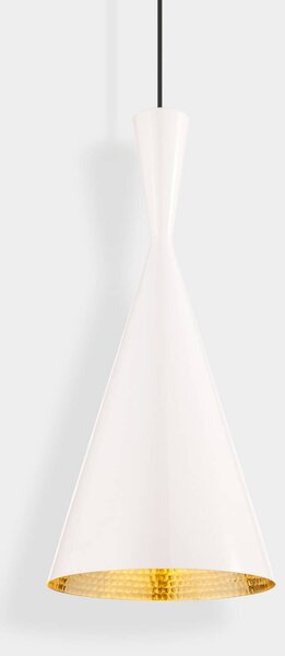 Tom Dixon LED závěsné světlo Beat Tall, bílé, Ø 19 cm, mosaz, stmívatelný, Bílá / opál, Obývací pokoj / jídelna, Mosaz, Design