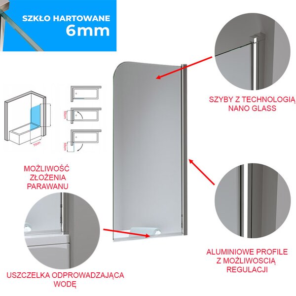 BPS-koupelny Jednodílná vanová zástěna PR01 70x140 chrom/transparent