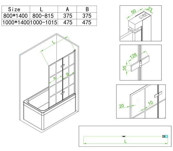 BPS-koupelny Dvoudílná vanová zástěna PR06 80x140 černá
