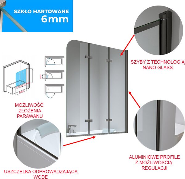 BPS-koupelny Trojdílná vanová zástěna PR05 BL 100x140 černá