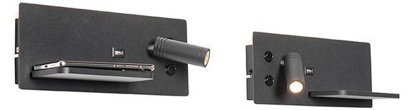 Sada 2 nástěnných lamp černých vč. LED s USB a indukční nabíječkou - Riza