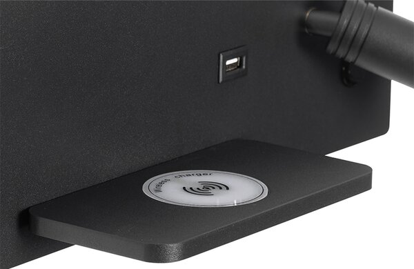 Sada 2 nástěnných lamp černých vč. LED s USB a indukční nabíječkou - Riza