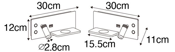 Sada 2 nástěnných lamp černých vč. LED s USB a indukční nabíječkou - Riza