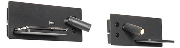 Sada 2 nástěnných lamp černých vč. LED s USB a indukční nabíječkou - Riza