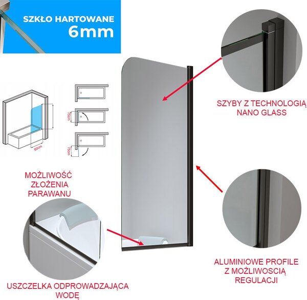 BPS-koupelny Jednodílná vanová zástěna PR01 BL 80x140 černá/transparent