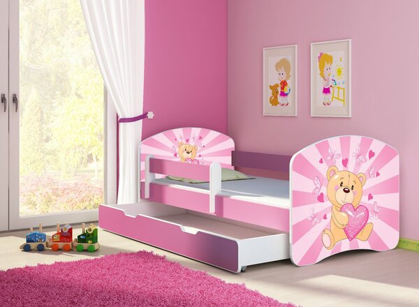 Dětská postel - Růžový Teddy medvídek 2 160x80 cm + šuplík růžová
