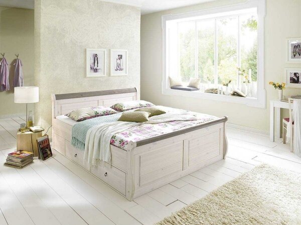 Borovicová postel z masivu Komfort Harald Bílá antik 100x200 s úložným prostorem
