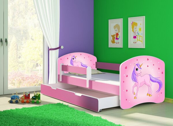 Dětská postel - Poník jednorožec 2 140x70 cm + šuplík růžová