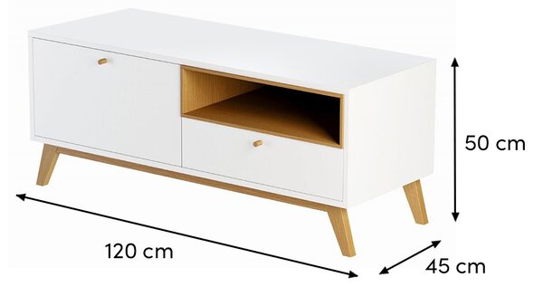 ARBYD Bílý TV stolek Thia s dubovou podnoží 120 x 45 cm