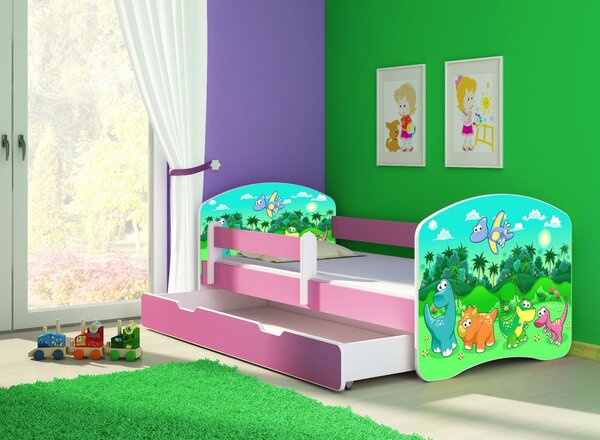 Dětská postel - Dinosaur 2 140x70 cm + šuplík růžová
