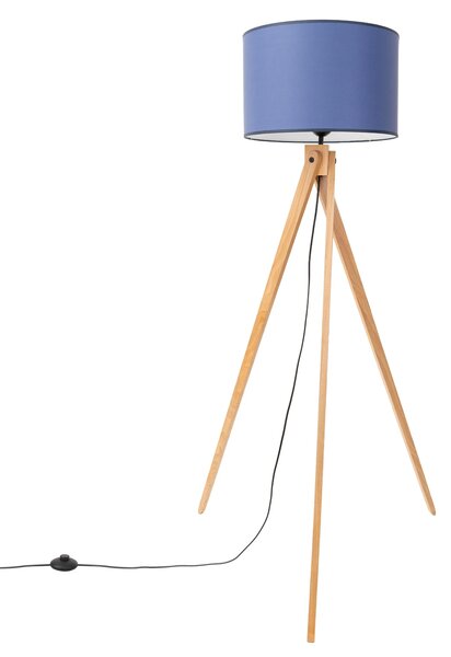 Stojací lampa Natt, 1x modré textilní stínítko, dřevo