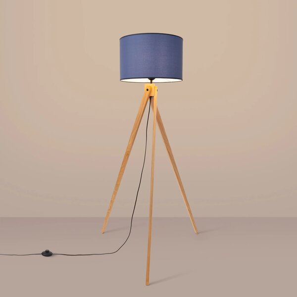 Stojací lampa Natt, 1x modré textilní stínítko, dřevo