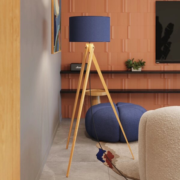 Stojací lampa Natt, 1x modré textilní stínítko, dřevo