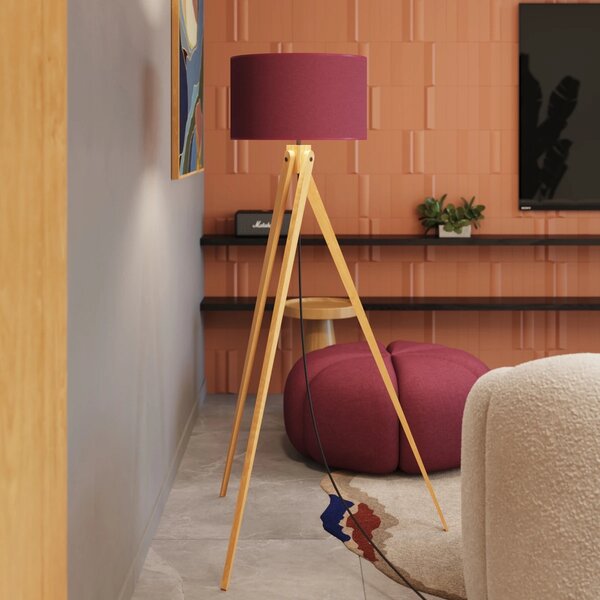 Stojací lampa Natt, 1x bordó textilní stínítko, dřevo