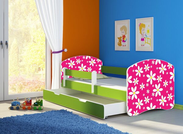 Dětská postel - Růžová sedmikráska 2 140x70 cm + šuplík zelená