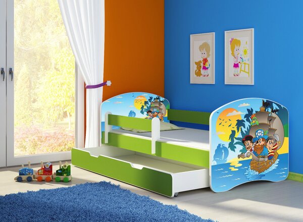 Dětská postel - Piráti 2 140x70 cm + šuplík zelená