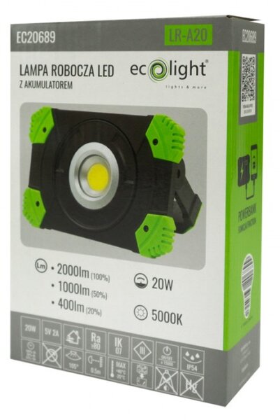Halogenový LED reflektor, dobíjecí, 20W, 5000K, přenosný + kabel
