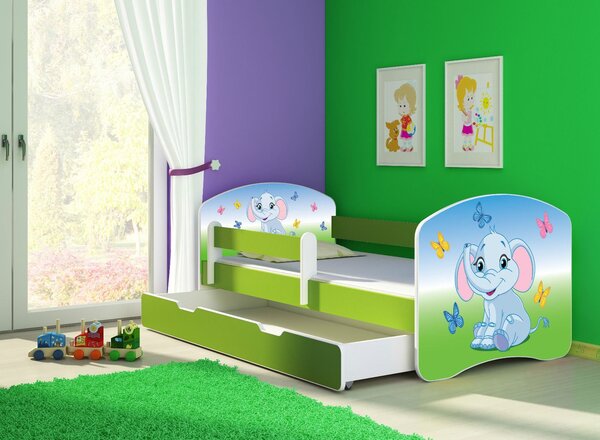 Dětská postel - Barevný sloník 2 140x70 cm + šuplík zelená