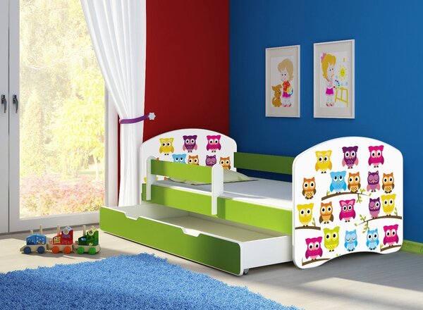 Dětská postel - Sovičky 2 140x70 cm + šuplík zelená