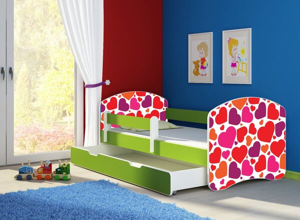 Dětská postel - Sladká srdíčka 2 140x70 cm + šuplík zelená