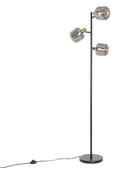 Stojací lampa černá se zlatem a kouřovým sklem 3-světlo - Zuzanna