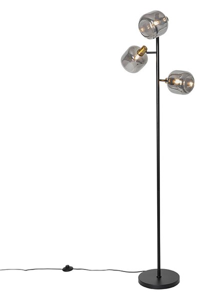 Stojací lampa černá se zlatem a kouřovým sklem 3-světlo - Zuzanna