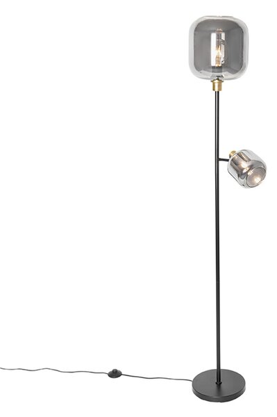 Stojací lampa černá se zlatem a kouřovým sklem 2-světlo - Zuzanna