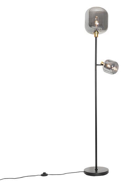 Stojací lampa černá se zlatem a kouřovým sklem 2-světlo - Zuzanna