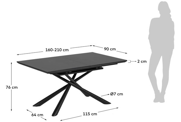 Černý skleněný rozkládací jídelní stůl Kave Home Theone 160-210 x 90 cm