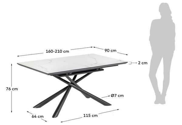 Bílý skleněný rozkládací jídelní stůl Kave Home Theone s mramorovým dekorem 160-210 x 90 cm