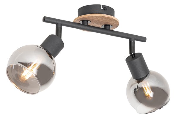 Stropní lampa černá s kouřovým sklem a dřevem 2-světlo - Vidro