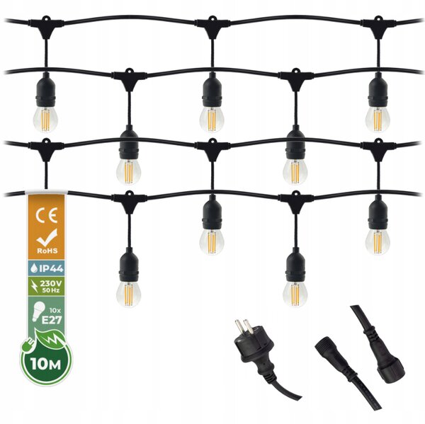 ZAHRADNÍ SVĚTELNÝ ŘETĚZ 10M 10xE27 Sada s LED žárovkami IP44