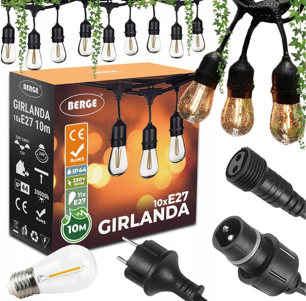 ZAHRADNÍ SVĚTELNÝ ŘETĚZ 10M 10xE27 Sada s LED žárovkami IP44