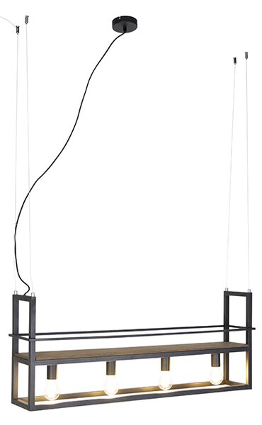 Chytré závěsné svítidlo černé se dřevem a policí 4-světlo vč. Wifi A60 - Cage Rack