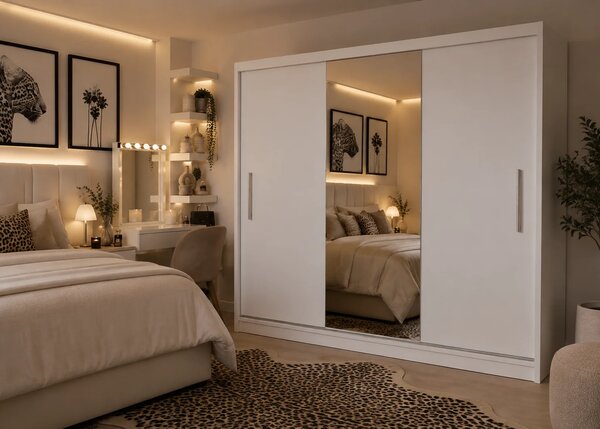 Šatní skříň s posuvnými dveřmi 232 cm se zrcadlem bílá matná MES